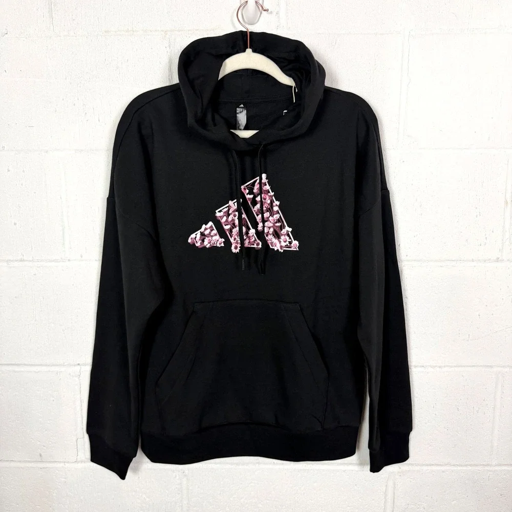 Adidas NWT Floral Badge of Sport Pullover Hoodie SZ M Black Pink Logo Fleece